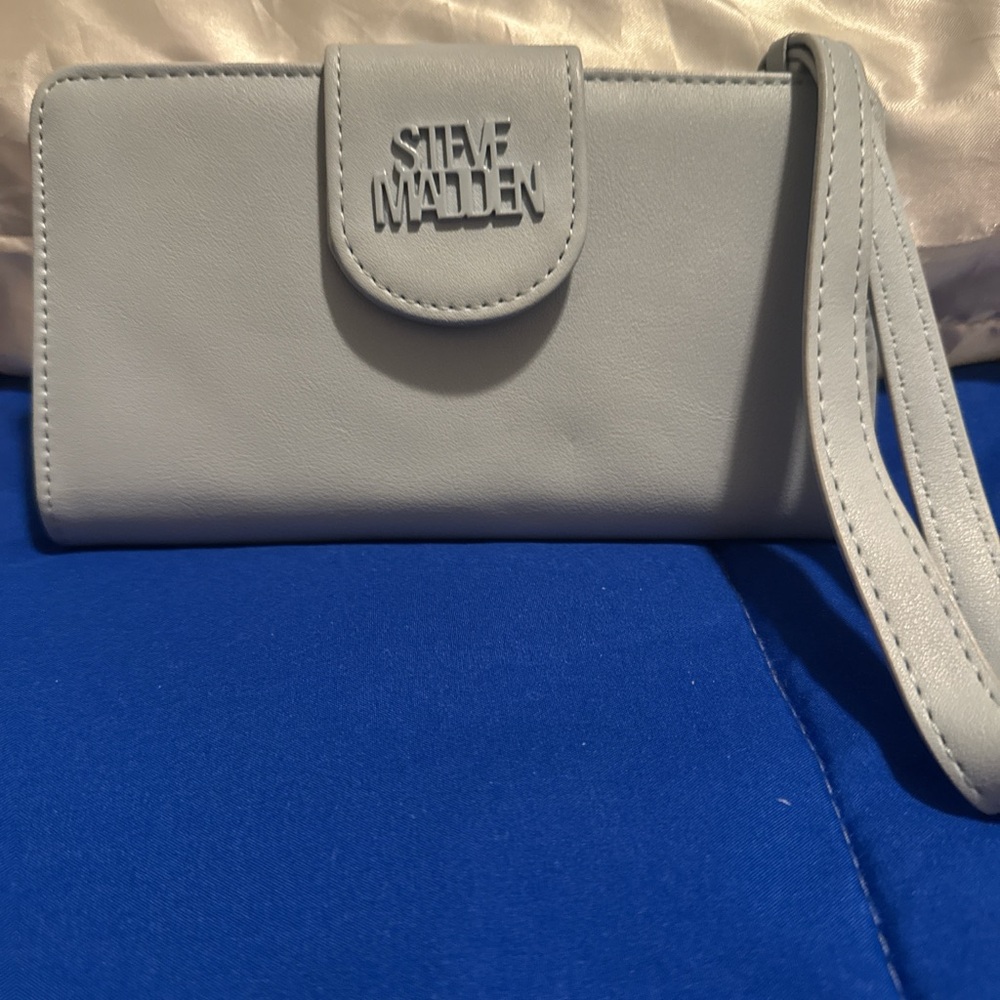Steve Madden Light Blue/Gray Wristlet with Logo Snap